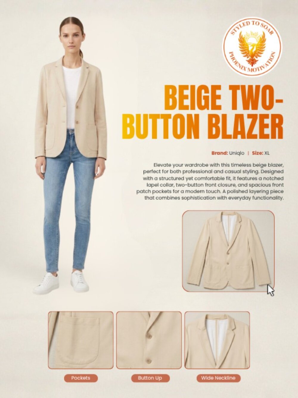 Uniqlo - Beige Two-Button Blazer with Front Pockets